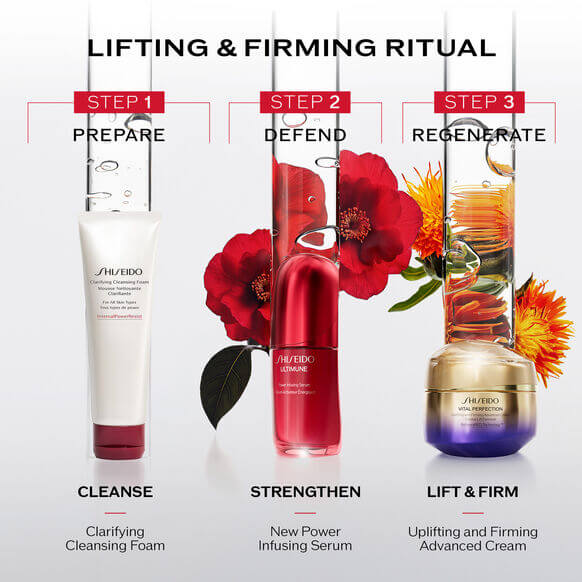 Shiseido Lifting & Firming Ritual steps: Clarifying Cleansing Foam, Ultimune Serum, Uplifting and Firming Advanced Cream.