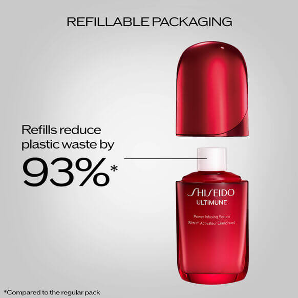 Shiseido Ultimune Power Infusing Serum in refillable packaging reduces plastic waste by 93%.