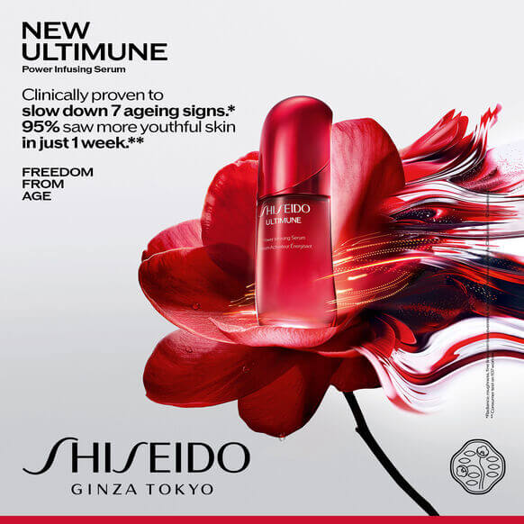 Shiseido Ultimune Power Infusing Serum on a vibrant flower background, promoting youthful skin in just one week.