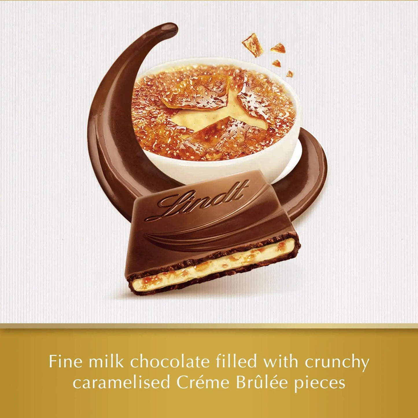Lindt chocolate bar with a caramelized Crème Brèèe filling on a white background