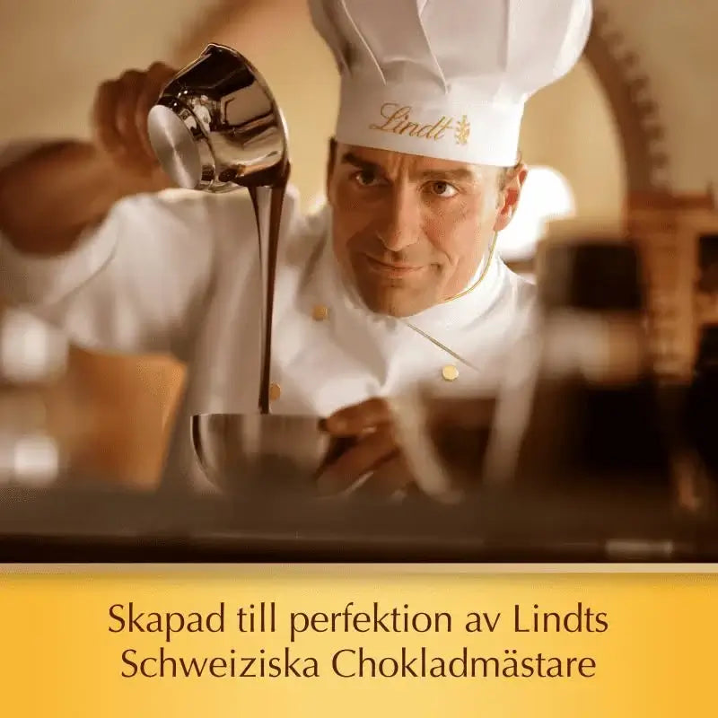 Chef pouring chocolate from a ladle with Lindt branding