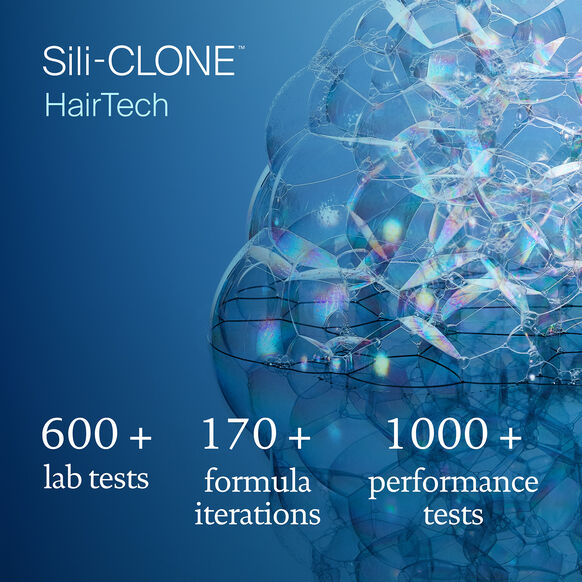 Advertisement for Living Proof Sili-Clone HairTech with blue background and hair strand graphic.
