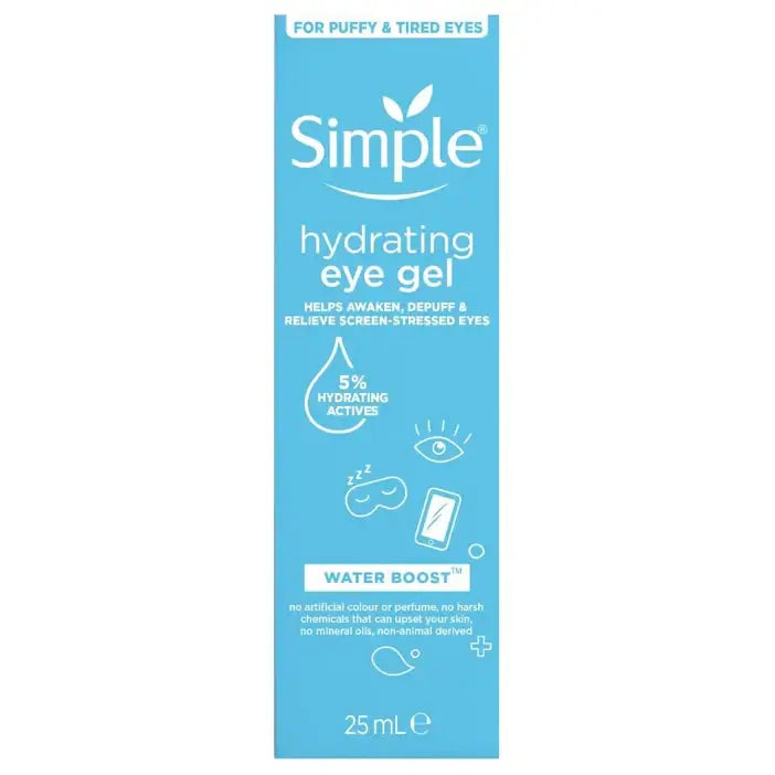 Blue packaging of Simple hydrating eye gel on a white background