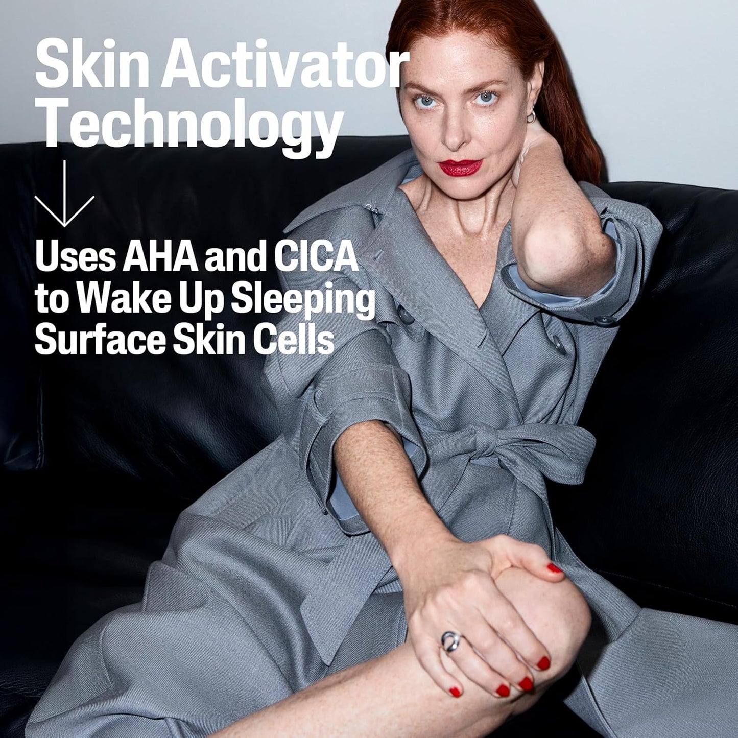 Woman in a robe with text about Cetaphil skin activator technology using AHA and CICA.
