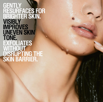 Close-up of a person's face with text about Grown Alchemist skincare benefits
