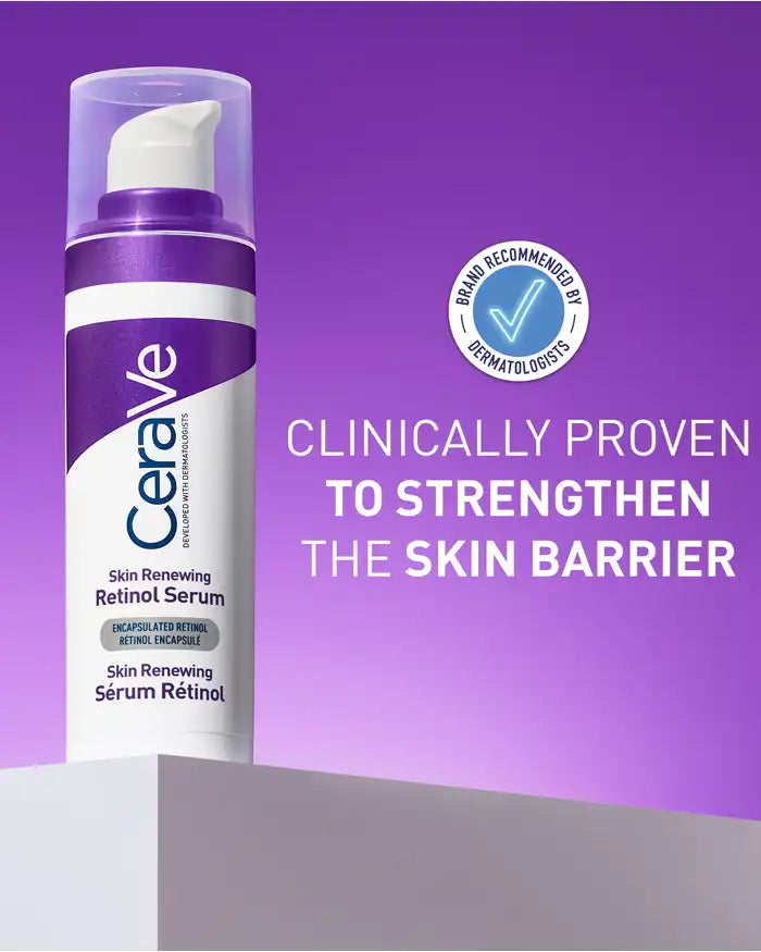 CeraVe Skin Renewing Retinol Serum 30ml on purple podium with brand recommended by dermatologists badge and text clinically proven to strengthen the skin barrier