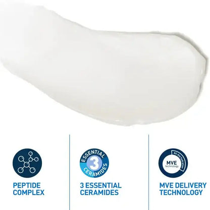 CeraVe Skin Renewing Peptide Cream texture swatch showing key ingredients: Peptide Complex, 3 Essential Ceramides and MVE Delivery Technology