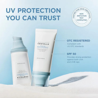 Two Skin1004 skincare products with UV protection text and branding on a light blue background