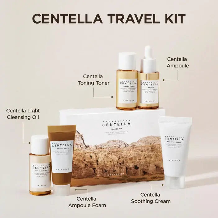 Skin1004 Madagascar Centella 5 Piece Travel Kit with cleansing oil, toner, ampoule, foam, and soothing cream.