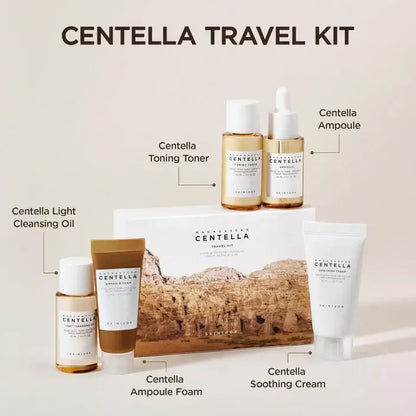 Skin1004 Madagascar Centella 5 Piece Travel Kit with cleansing oil, toner, ampoule, foam, and soothing cream.