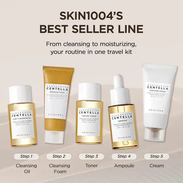 Skin1004 Madagascar Centella 5 Piece Travel Kit showcasing cleansing oil, foam, toner, ampoule, and cream.