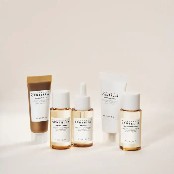 Skin1004 Madagascar Centella 5 Piece Travel Kit featuring various skincare products for rejuvenating skin on the go.