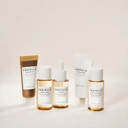 Skin1004 Madagascar Centella 5 Piece Travel Kit featuring various skincare products for rejuvenating skin on the go.