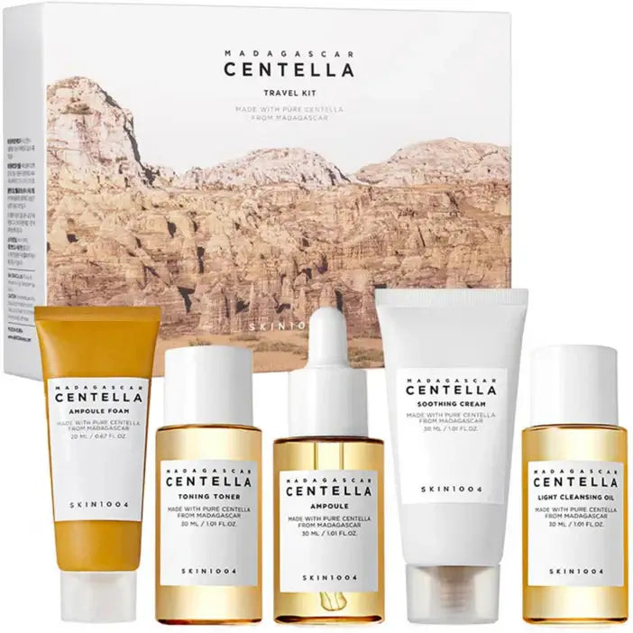 Skin1004 Madagascar Centella 5 Piece Travel Kit with calming skincare products for travel convenience.