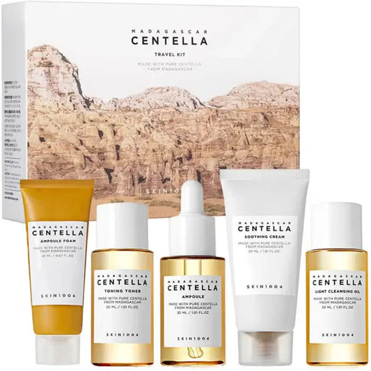 Skin1004 Madagascar Centella 5 Piece Travel Kit with calming skincare products for travel convenience.