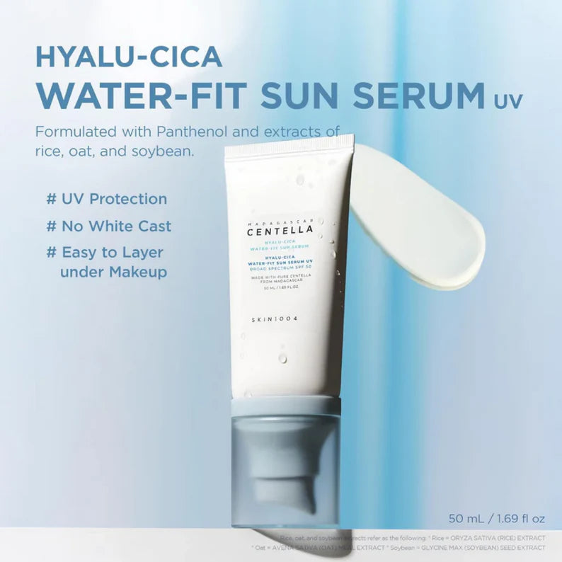 Skin1004 SKIN79 Hyalu-Cica Water-Fit Sun Serum UV with product and text on a light blue background