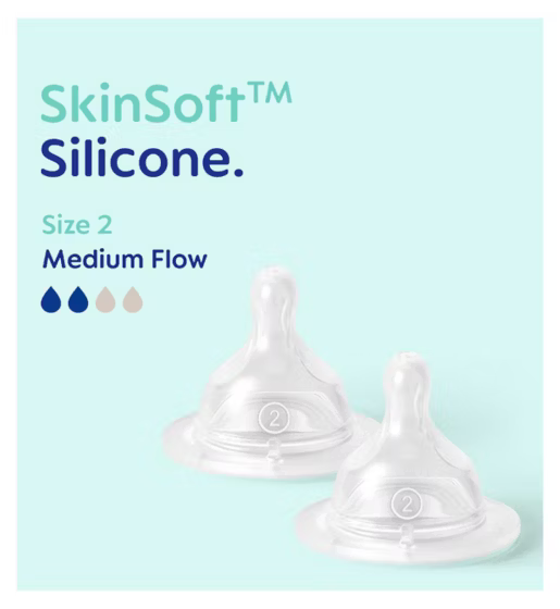 Two MAM SkinSoft silicone nipples with size and flow information on a light blue background