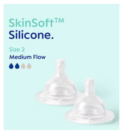 Two MAM SkinSoft silicone nipples with size and flow information on a light blue background
