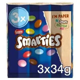 Smarties Hexatube Milk Chocolate Multipack featuring colorful chocolate candies in a recyclable package.