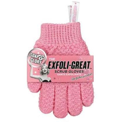 Soap & Glory exfoliating scrub gloves in pink packaging for super-exfoliating body buffing.