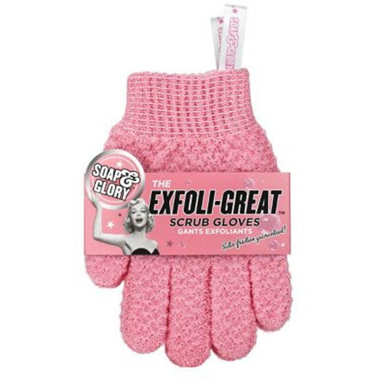 Soap & Glory exfoliating scrub gloves in pink packaging for super-exfoliating body buffing.