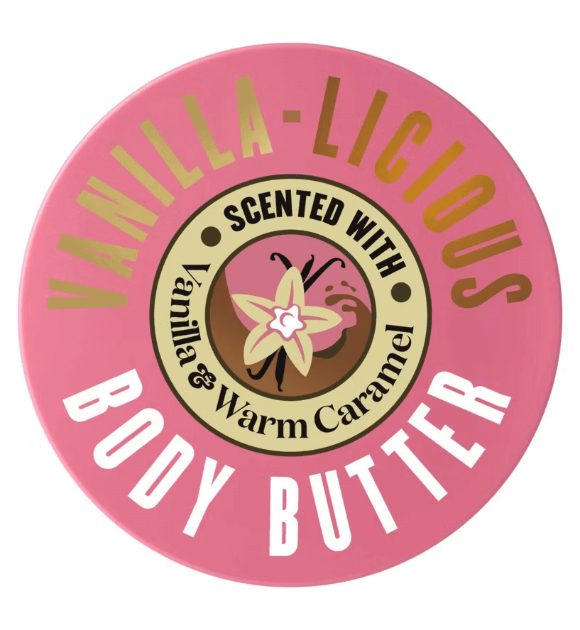 Soap & Glory Vanilla-licious Body Butter 300ml packaging with vanilla and warm caramel scent.