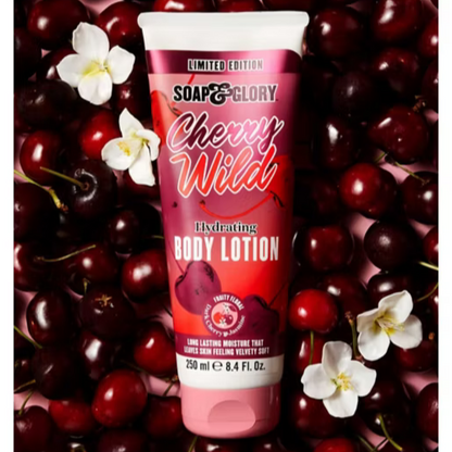 Soap & Glory Cherry Wild body lotion surrounded by cherries and flowers