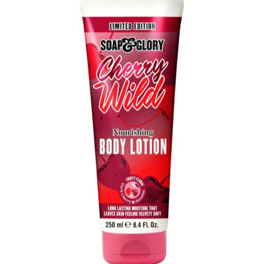 Soap & Glory Cherry Wild body lotion on a white background