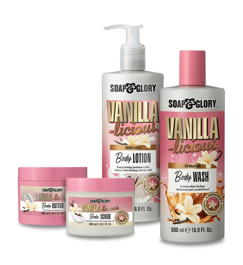Soap & Glory Vanilla-licious Bath & Body Bundle featuring lotion, body wash, scrub, and butter in pink and white packaging.