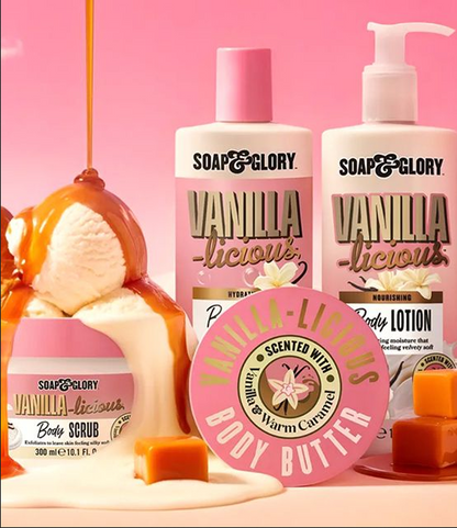 SOAP & GLORY Vanilla Licious body care products on a pink background