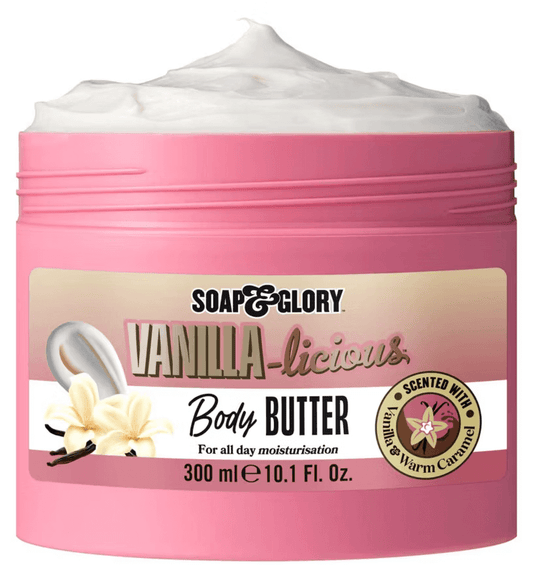 Soap & Glory Vanilla-licious Body Butter 300ml container for intense hydration and sweet vanilla scent.