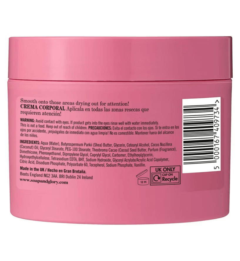 Soap & Glory Vanilla-licious Body Butter 300ml moisturizing cream container with ingredient details.