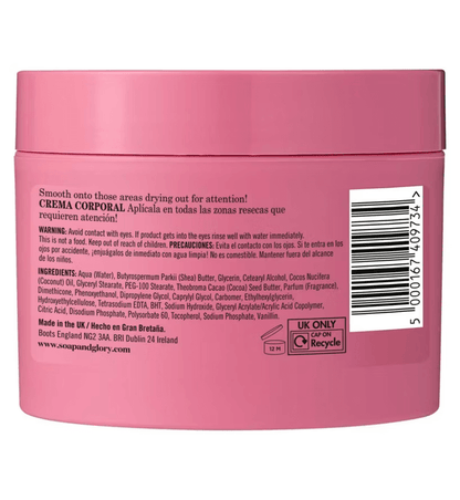 Soap & Glory Vanilla-licious Body Butter 300ml moisturizing cream container with ingredient details.