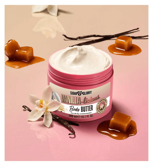 Soap & Glory Vanilla-licious Body Butter with caramel and vanilla flowers, 300ml luxurious hydration.