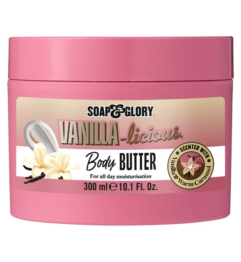 Soap & Glory Vanilla-licious Body Butter 300ml in pink jar, enriched with vanilla and warm caramel for intense hydration.