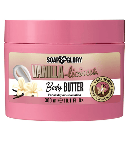 Soap & Glory Vanilla-licious Body Butter 300ml in pink jar, enriched with vanilla and warm caramel for intense hydration.