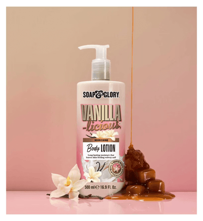 Soap & Glory Vanilla-licious Body Lotion with vanilla and caramel dripping, perfect for a decadently soft skin experience.