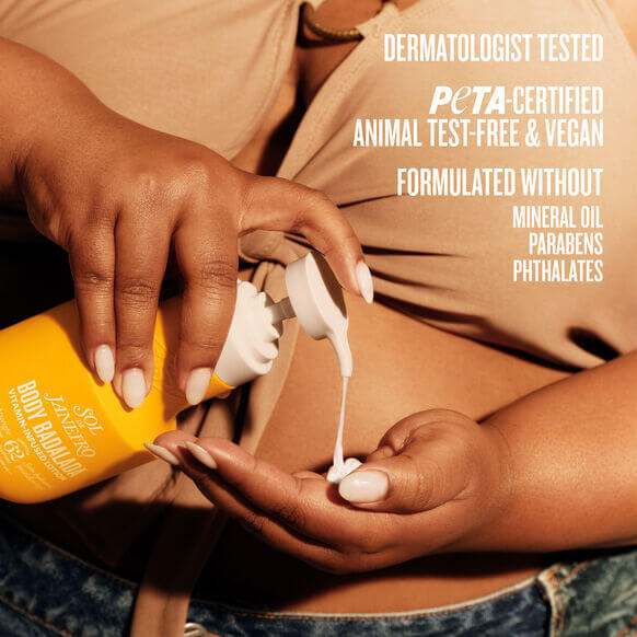 Sol de Janeiro Body Badalada™ Lotion in use, highlighting its dermatologist tested and vegan features.