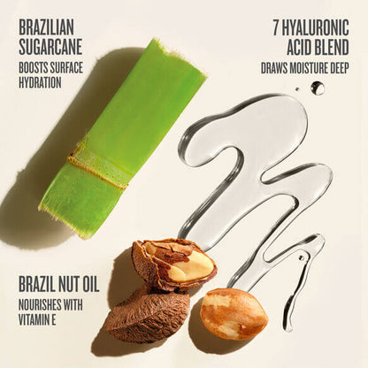 Ingredients of Sol de Janeiro Body Badalada Lotion: Brazilian sugarcane, 7 hyaluronic acid blend, and Brazil nut oil.