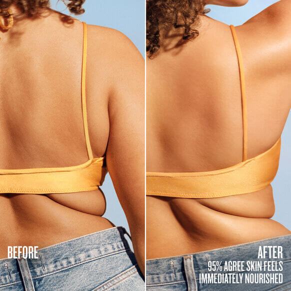 Before and after results showing skin improved with Sol de Janeiro Body Badalada™ Lotion for silky hydration.