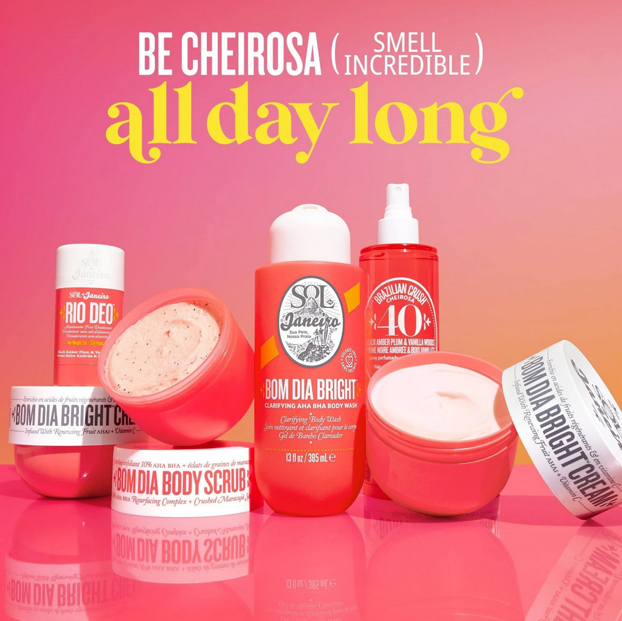 Sol de Janeiro Rio Deo Aluminum-Free Deodorant Cheirosa 40 with body scrubs and brightening creams on colorful background.