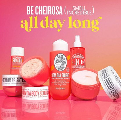 Sol de Janeiro Rio Deo Aluminum-Free Deodorant Cheirosa 40 with body scrubs and brightening creams on colorful background.