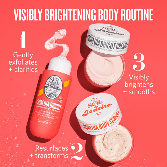 Sol de Janeiro Bom Dia Bright Clarifying AHA BHA Body Wash and accompanying products for a visibly brightening body routine.