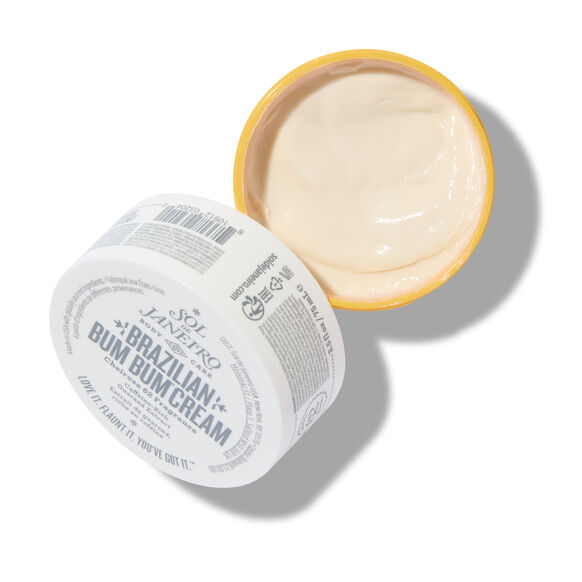 Jar of Sol de Janeiro Brazilian Bum Bum Cream with open lid on a white background
