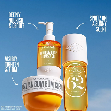 Three Sol de Janeiro skincare products with text describing their benefits against a blue sky background