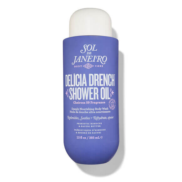 Sol de Janeiro Delicia Drench Shower Oil 385ml bottle featuring Cheirosa ’59 fragrance for a luxurious shower experience.