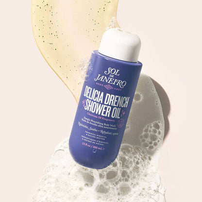 Sol de Janeiro Delicia Drench Shower Oil bottle with luxurious oil and bubbles for a rejuvenating shower experience.