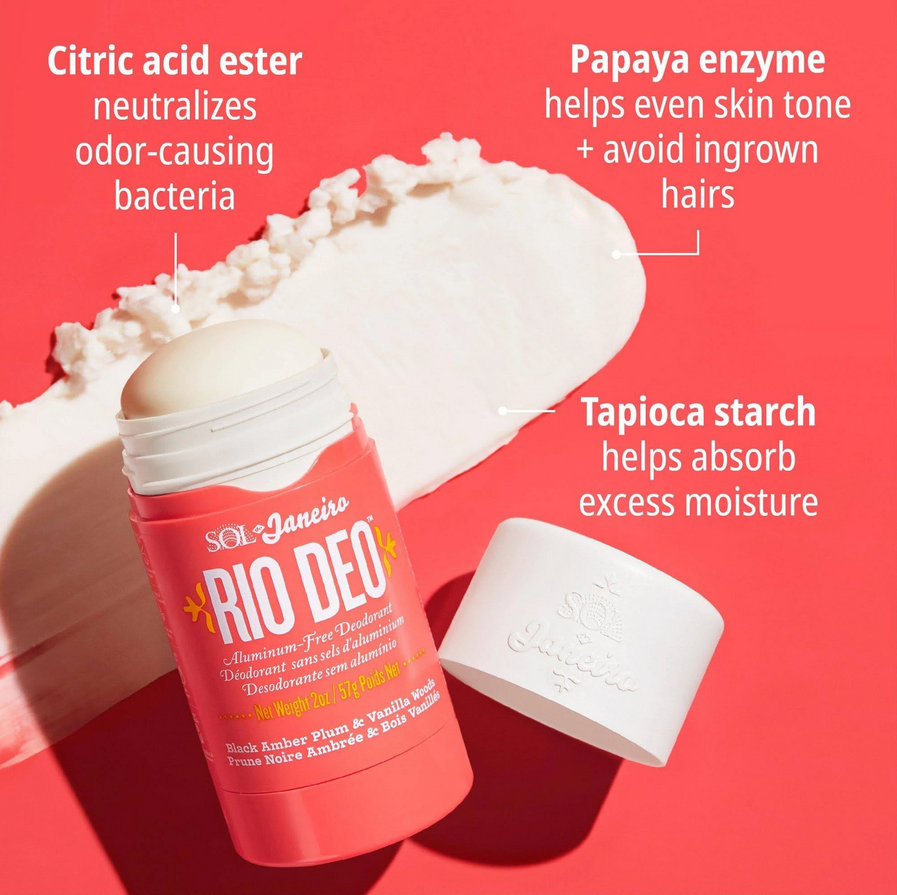 Sol de Janeiro Rio Deo Aluminum-Free Deodorant Cheirosa 40 with ingredients like papaya enzyme and tapioca starch.