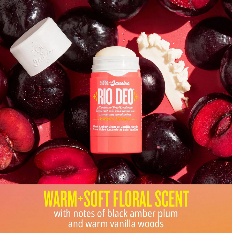 Sol de Janeiro Rio Deo Aluminum-Free Deodorant Cheirosa 40 on a vibrant fruit background with floral scent notes.