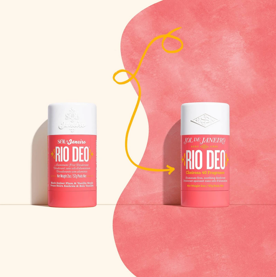 Sol de Janeiro Rio Deo Aluminum-Free Deodorant Cheirosa 40 on a colorful background.